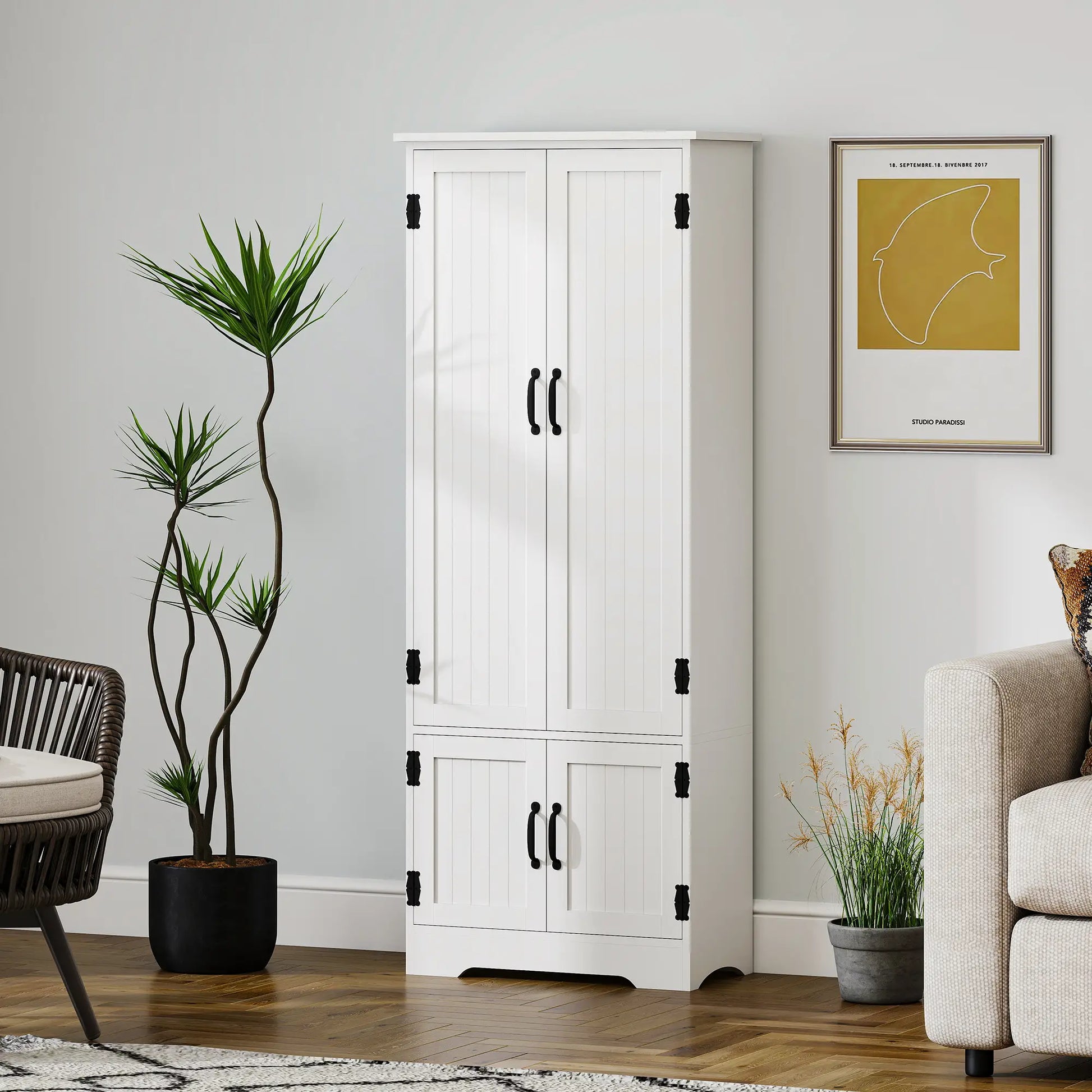 60" 4-Door Storage Cabinet, Adjustable Shelves, Large Pantry, White Kitchen Pantry Cabinets at Gallery Canada