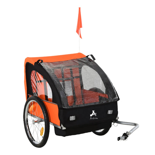 2-Seat Child Bike Trailer, Steel Frame, 5-Point Harness, Orange