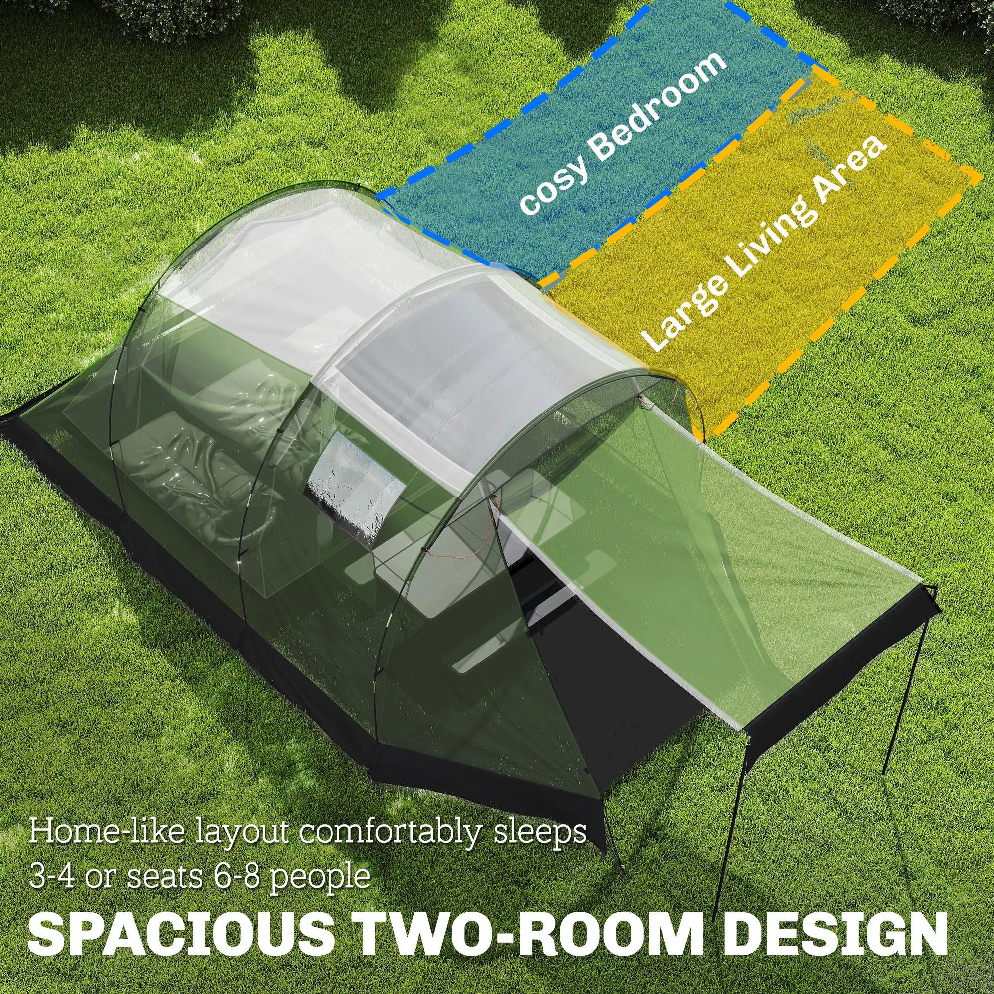 Waterproof Camping Tent, Two Room, 3-4 Person, Green Camping Tents at Gallery Canada