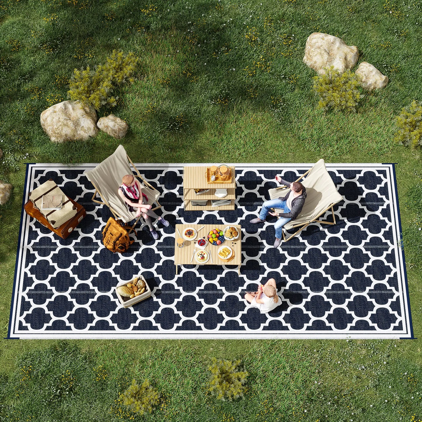 Reversible Outdoor RV Rug, 9' x 18', White, Patio Mat, Dark Blue Outdoor Reversible Rugs at Gallery Canada