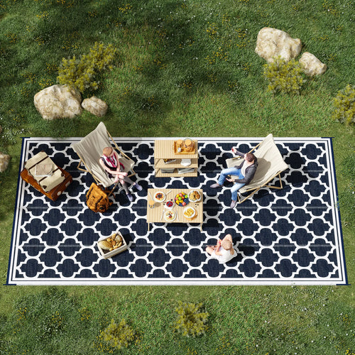 Reversible Outdoor RV Rug, 9' x 18', White, Patio Mat, Dark Blue