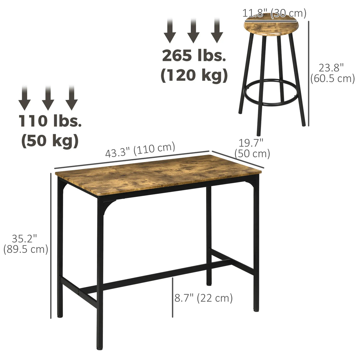 Ensemble de table de bar 5 pièces, hauteur de comptoir industriel, brun rustique, marron
