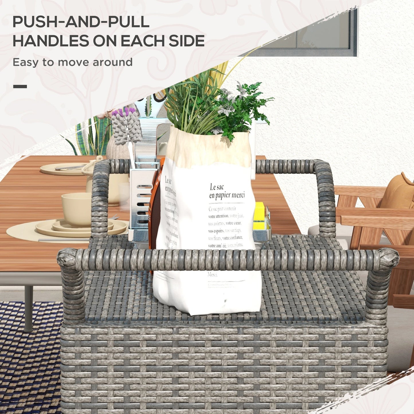 PE Wicker Serving Cart, 2-Tier Shelf, Outdoor Wheeled Rattan Cart, Grey Patio Dinning Tables at Gallery Canada