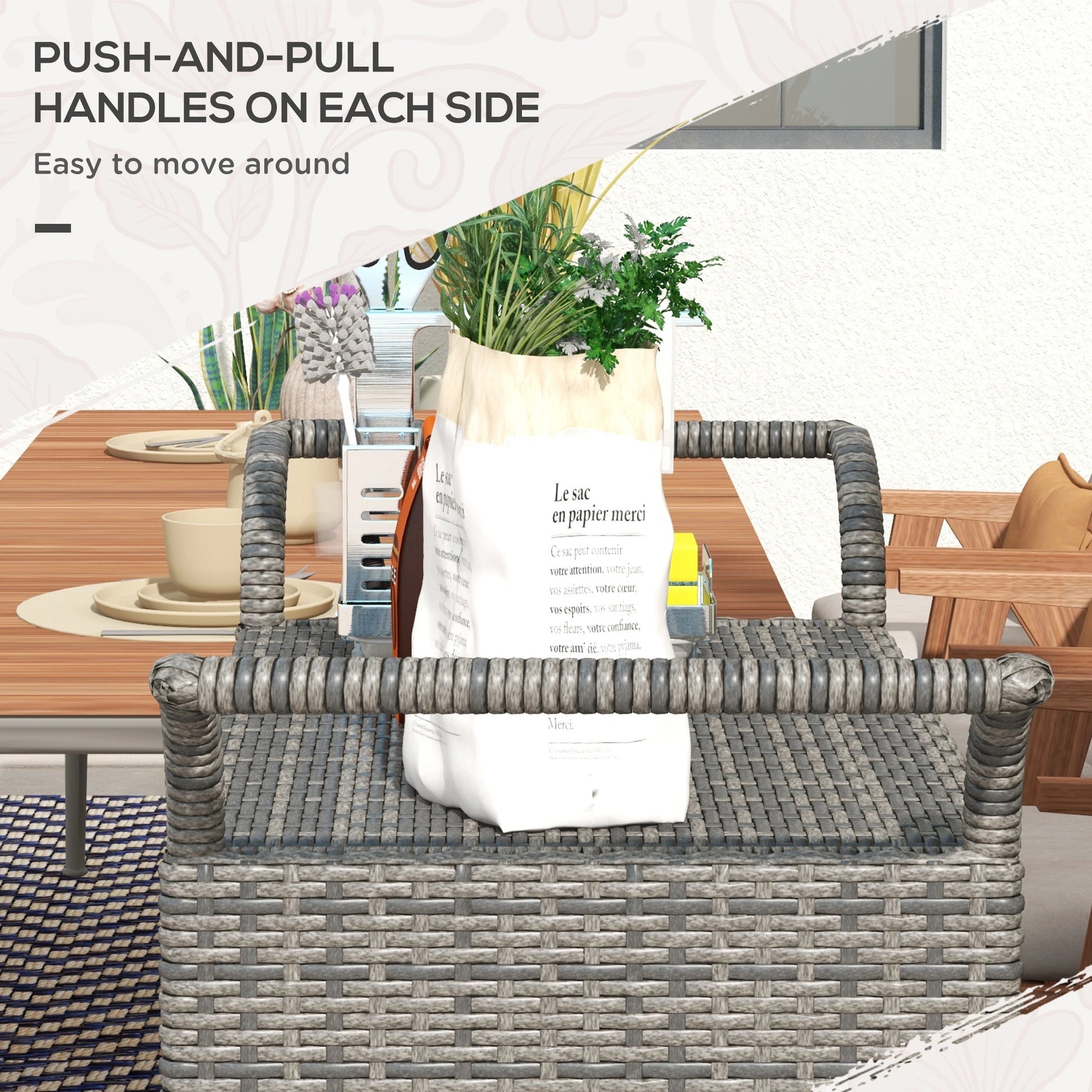 PE Wicker Serving Cart, 2-Tier Shelf, Outdoor Wheeled Rattan Cart, Grey Patio Dinning Tables at Gallery Canada