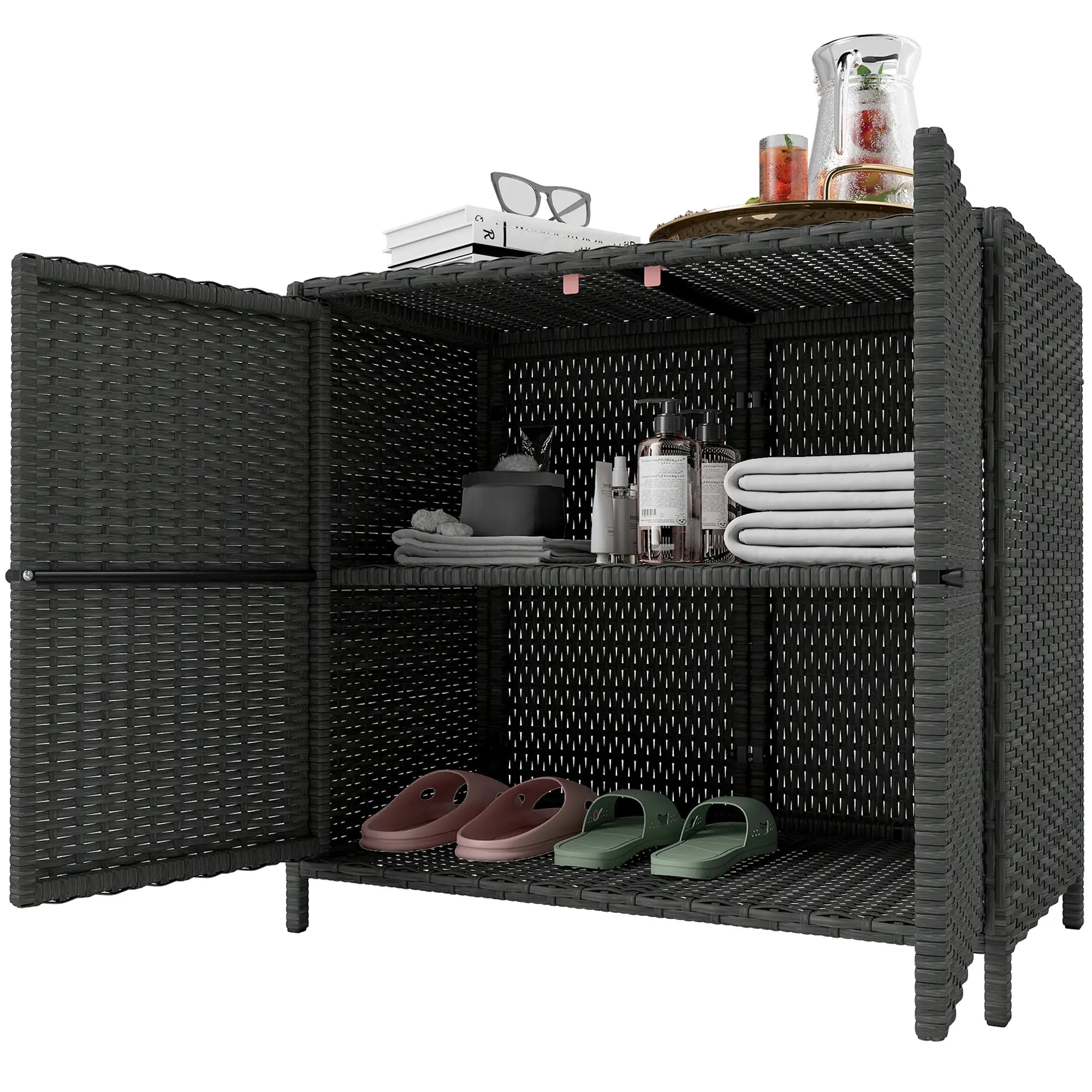 Outdoor Storage Cabinet, Double Magnetic Doors, PE Rattan Towel Rack, Dark Grey Patio Storage Boxes Dark Grey at Gallery Canada