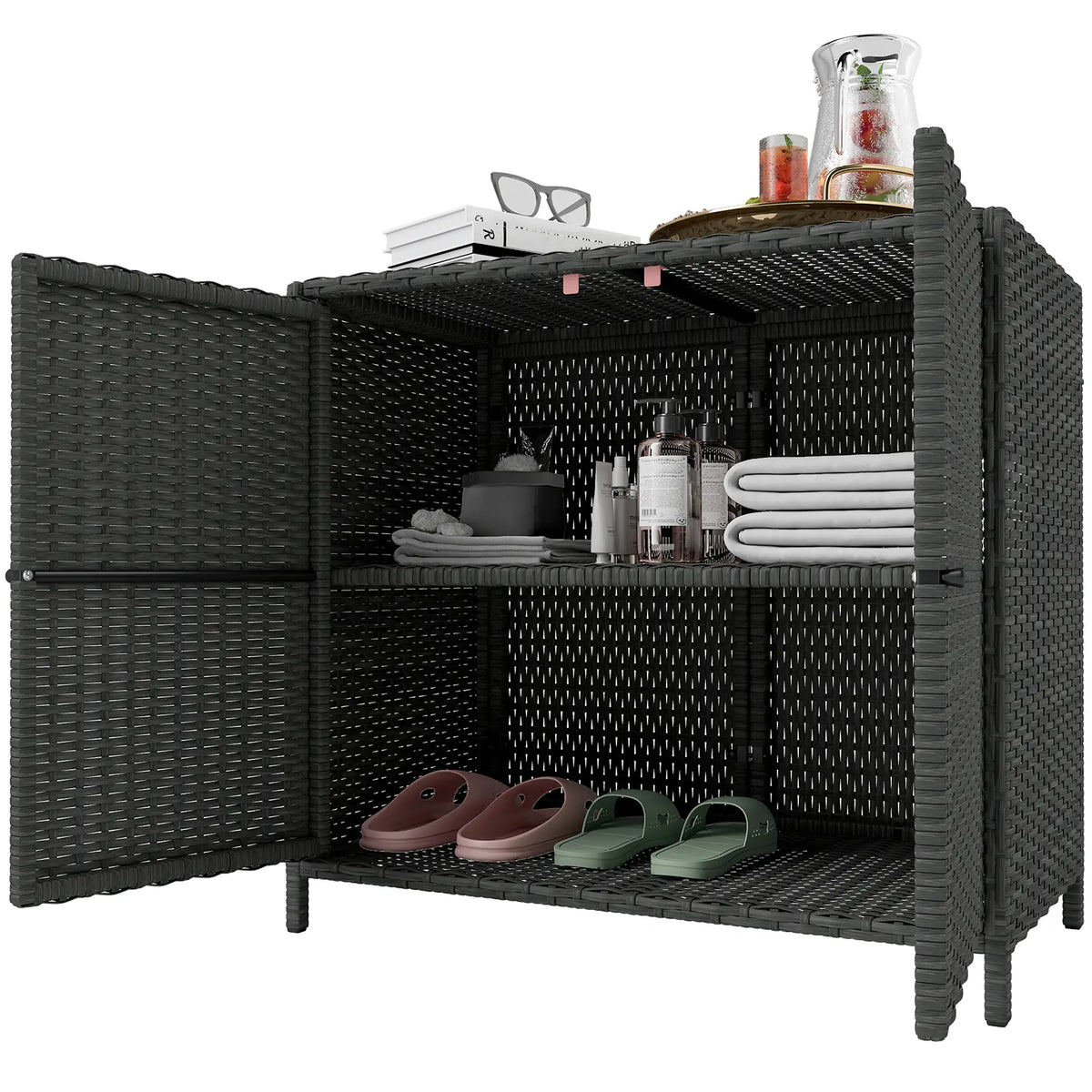 Outdoor Storage Cabinet, Double Magnetic Doors, PE Rattan Towel Rack, Dark Grey Patio Storage Boxes Dark Grey at Gallery Canada