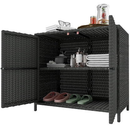 Outdoor Storage Cabinet, Double Magnetic Doors, PE Rattan Towel Rack, Dark Grey Patio Storage Boxes Dark Grey at Gallery Canada