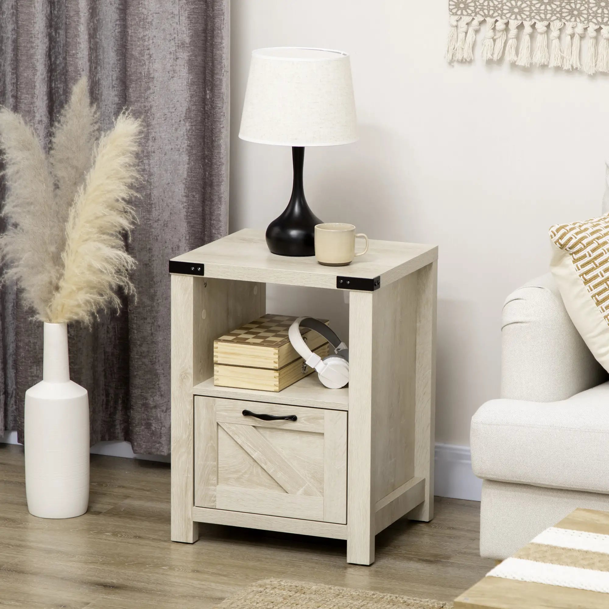 Farmhouse Side Table with Drawer, Open Shelf, Oak, 24.8x17.7x23.6 Side Tables at Gallery Canada