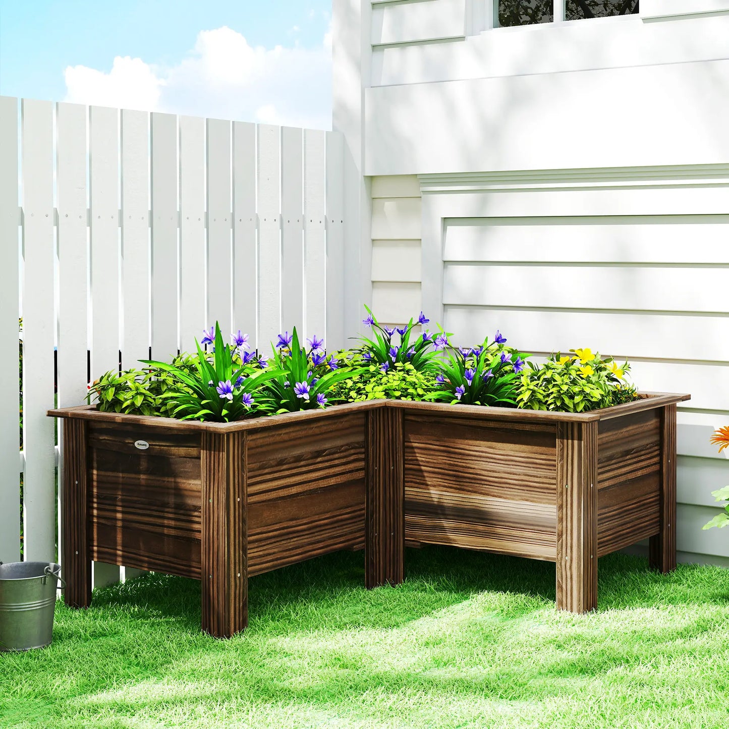 Wooden Raised Garden Bed, L-Shaped, Carbonized, With Legs