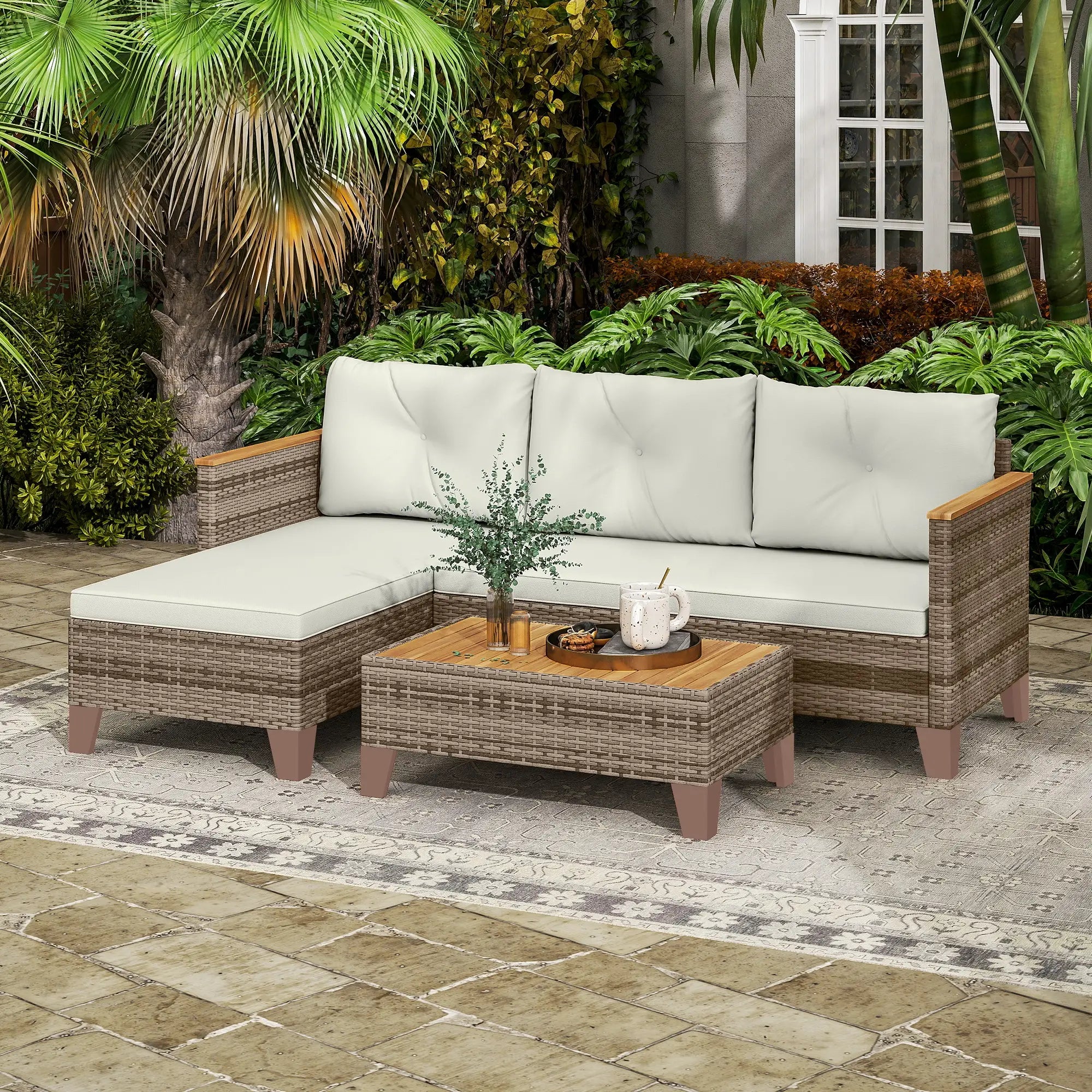 3 Piece L-Shaped Patio Furniture Set, Wood Top Coffee Table, Cream Patio Furniture Sets at Gallery Canada