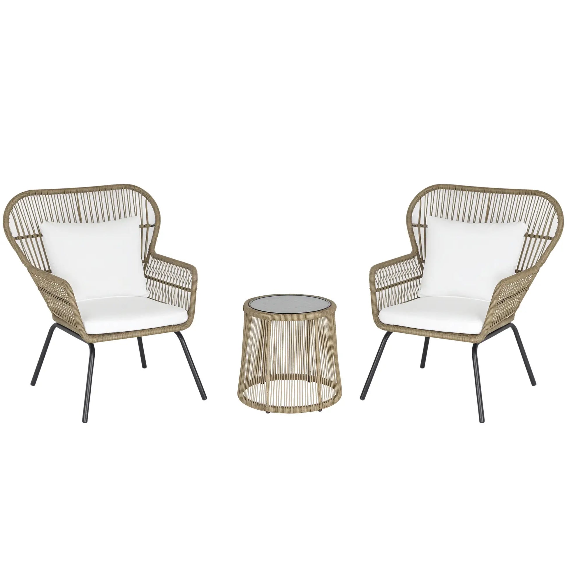 3 Pc Wicker Patio Set, Rattan Bistro with Table, Cushions, Outdoor, Coffee, White Bistro Sets Coffee(wicker), White(cushion) at Gallery Canada