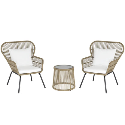 3 Pc Wicker Patio Set, Rattan Bistro with Table, Cushions, Outdoor, Coffee, White Bistro Sets Coffee(wicker), White(cushion) at Gallery Canada