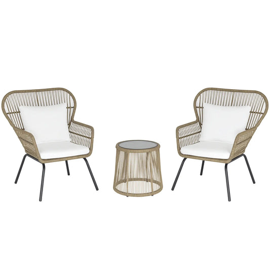 3 Pc Wicker Patio Set, Rattan Bistro with Table, Cushions, Outdoor, Coffee, White Bistro Sets Coffee(wicker), White(cushion) at Gallery Canada