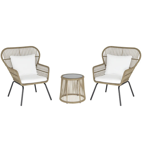 3 Pc Wicker Patio Set, Rattan Bistro with Table, Cushions, Outdoor, Coffee, White