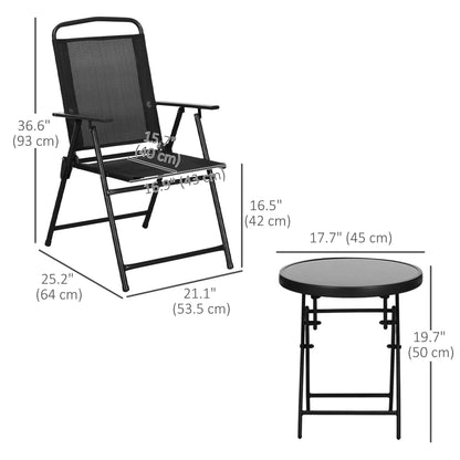 Ensemble Bistro 3 pièces, Mobilier de patio pliable, Chaises en maille, Table en verre, Noir