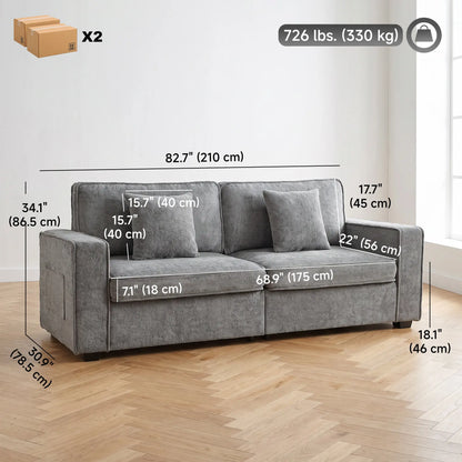 3 Seater Sofa, Thick Cushion, Grey, 2 Pillows, Side Pockets 3-Seater Sofas at Gallery Canada