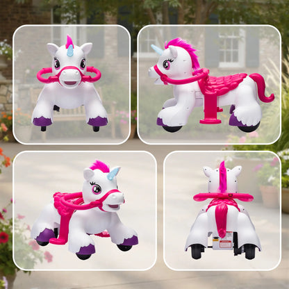 12V Unicorn Ride on Toy, Battery Powered, Carrot Toy, Comb, Animal Sounds Rocking Horses at Gallery Canada