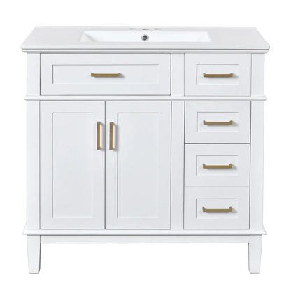 Bathroom Vanity with Ceramic Sink, Soft Close Doors, 4 Drawers, 36" L x 18.5" W x 35" H, White Sink Cabinets White at Gallery Canada