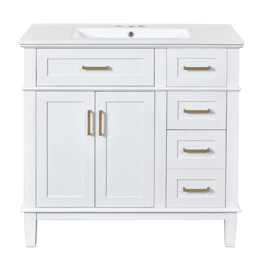 Bathroom Vanity with Ceramic Sink, Soft Close Doors, 4 Drawers, 36" L x 18.5" W x 35" H, White Sink Cabinets White at Gallery Canada
