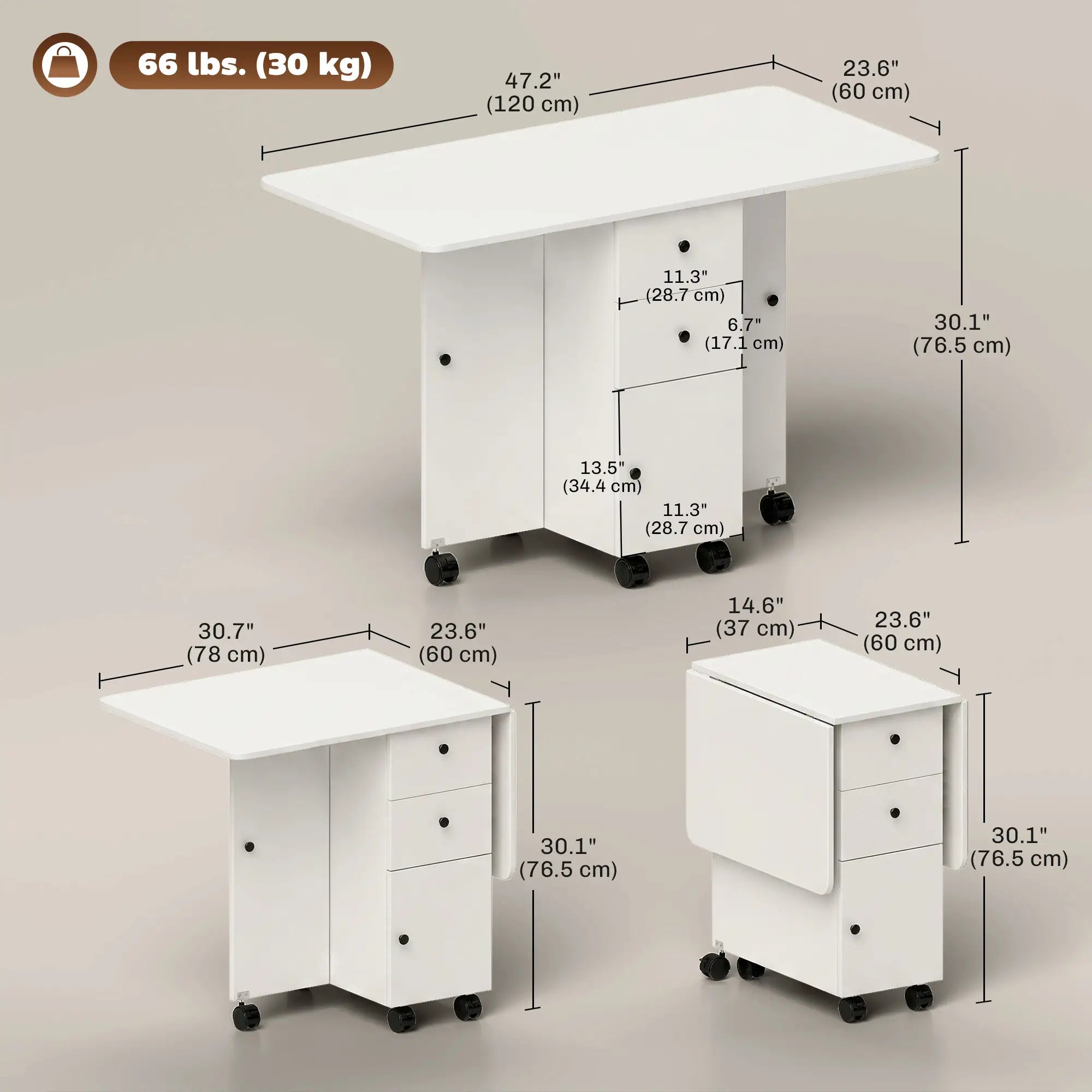 Foldable Dining Table, Rolling Kitchen Table with Storage, White Bar Tables & Dining Tables at Gallery Canada