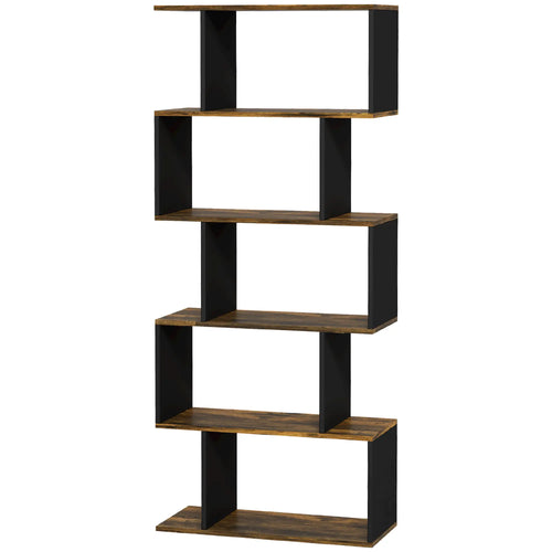 5 Tier Geometric S Shaped Bookcase, Tall Narrow Display Shelf, Rustic Brown