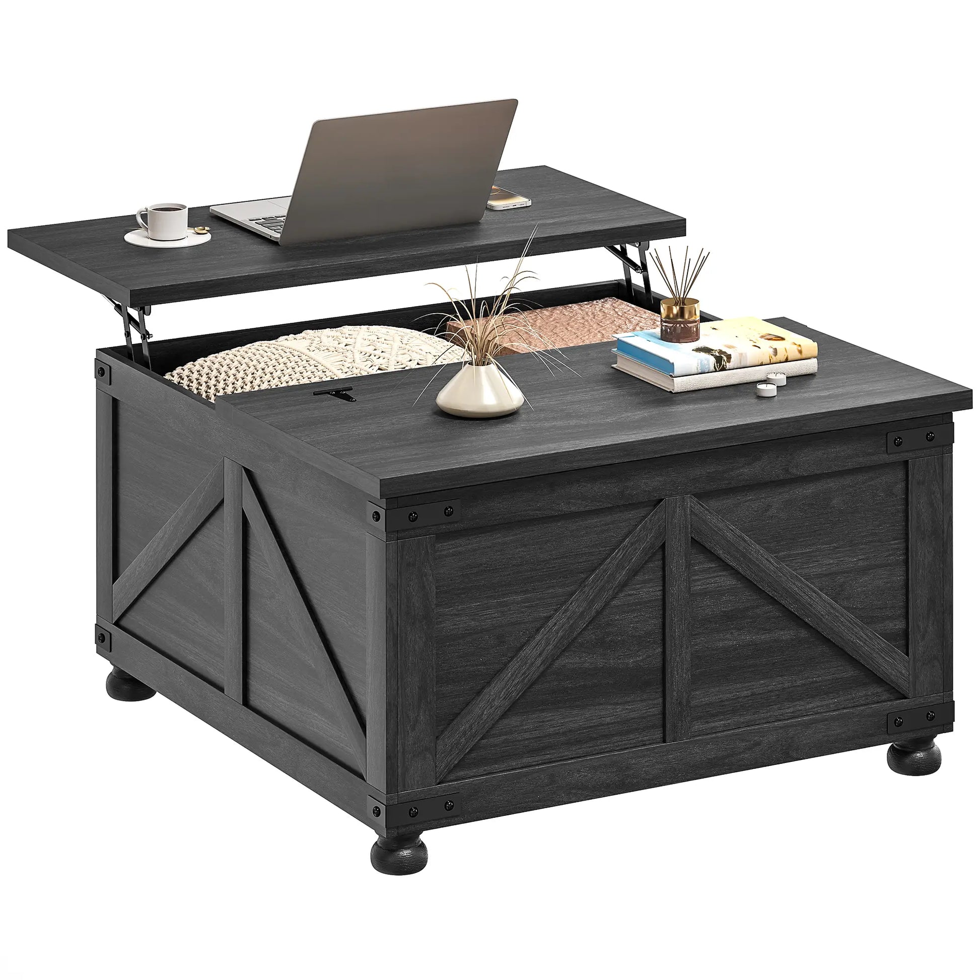 Lift Top Coffee Table, 32" Farmhouse Style, Hidden Compartment, Black Wood Grain, Black Coffee Tables at Gallery Canada