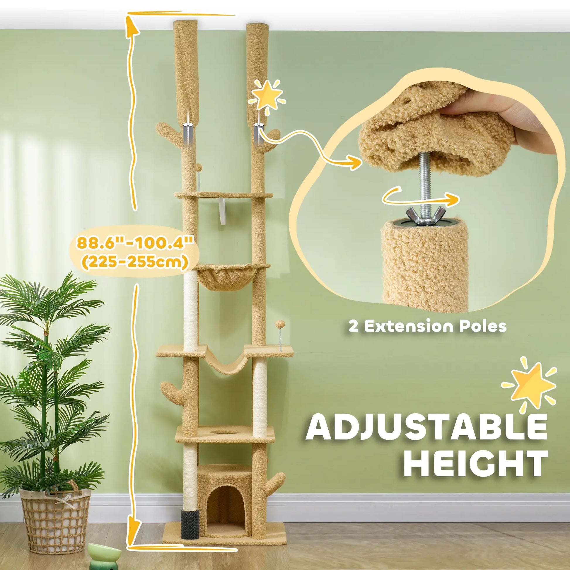 89"-100" Cat Tree Tower for Large Cats, Scratching Posts, Grooming Brush, Brown Floor to Ceiling Cat Trees at Gallery Canada