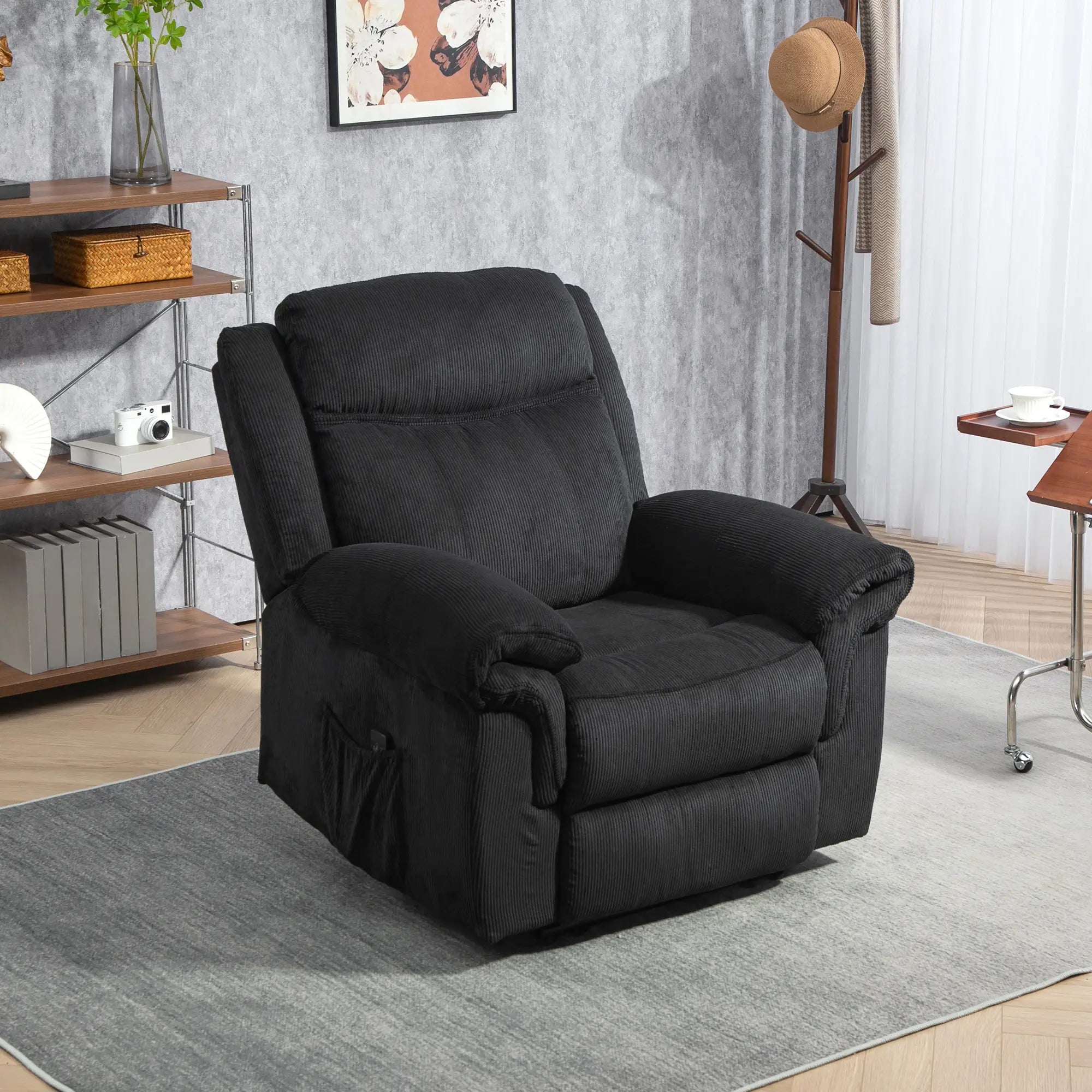 Manual Recliner Chair, Vibration Massage, Side Pockets, Corduroy, Black Sofas & Reclining Chairs at Gallery Canada