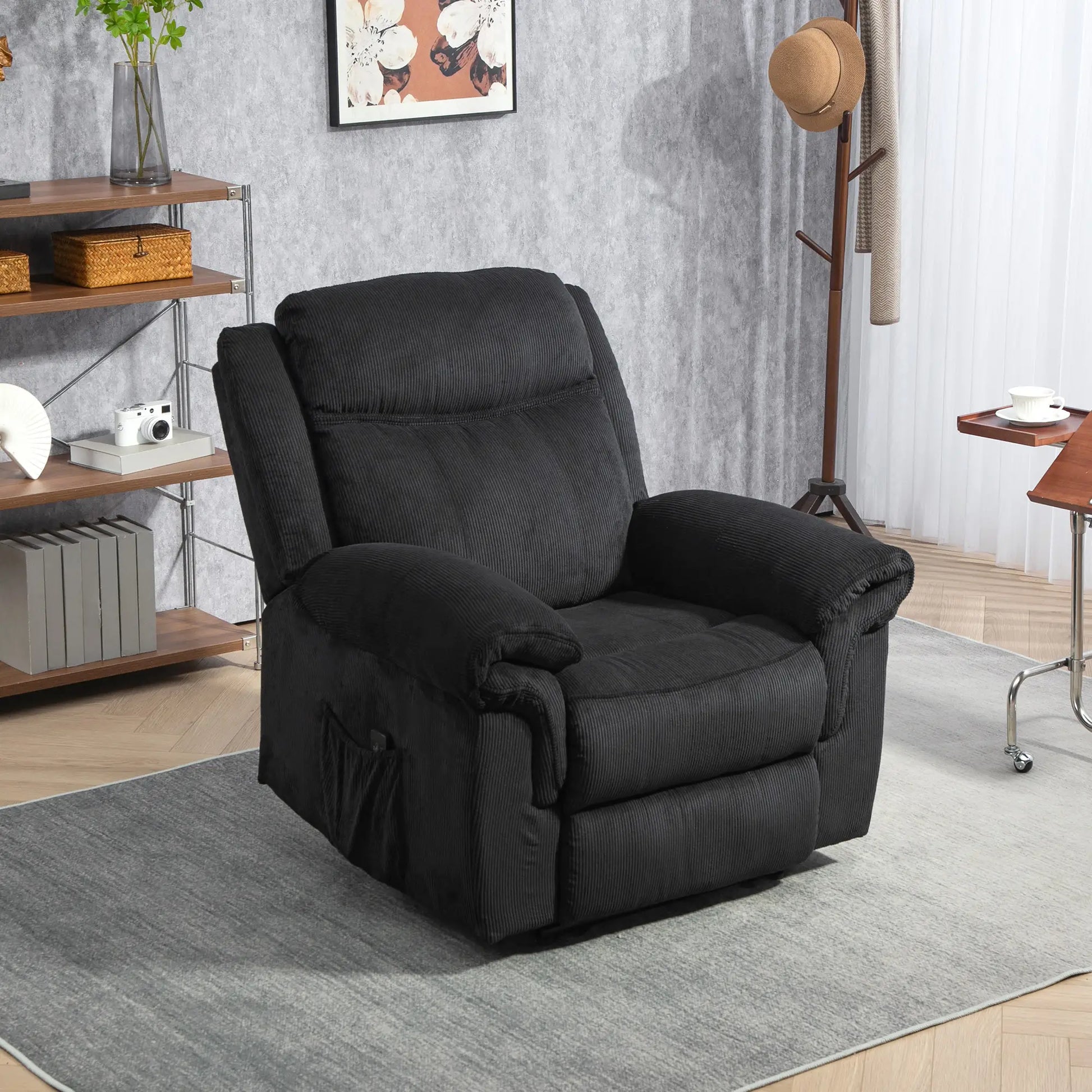 Manual Recliner Chair, Vibration Massage, Side Pockets, Corduroy, Black Sofas & Reclining Chairs at Gallery Canada