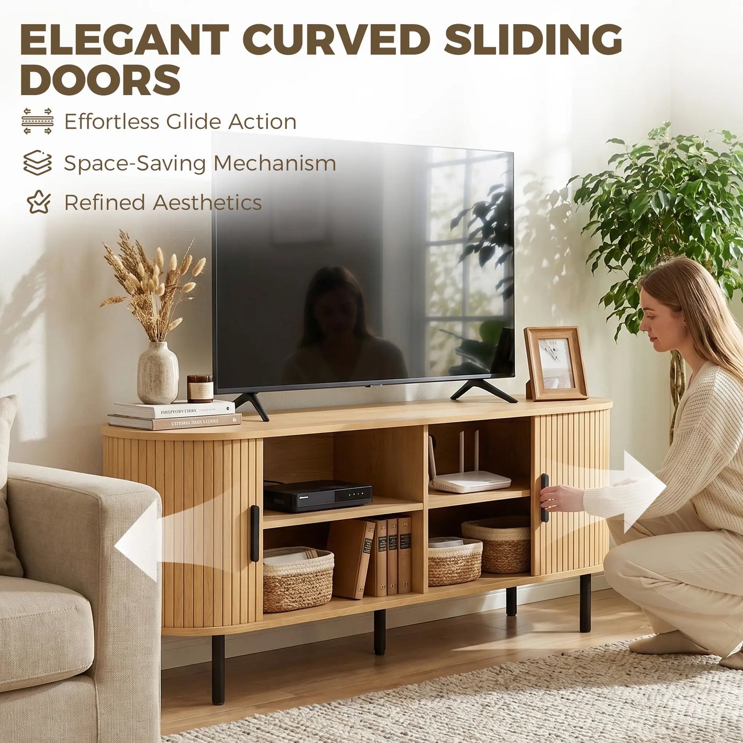 TV Stand for TVs up to 60", Modern Entertainment Center with Curved Sliding Doors, Natural Wood