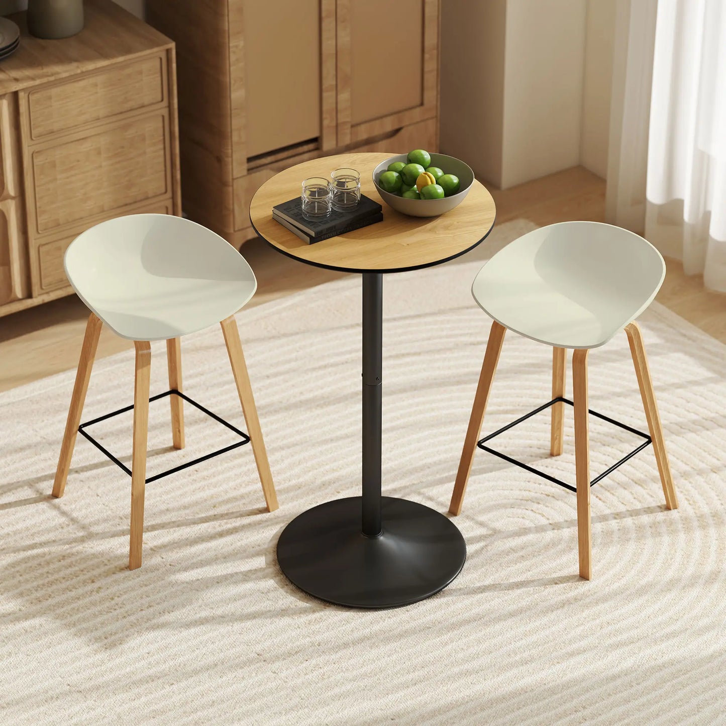 Round Table for 2, 40.2 Inch, Natural Wood, Steel Frame Bar Tables at Gallery Canada