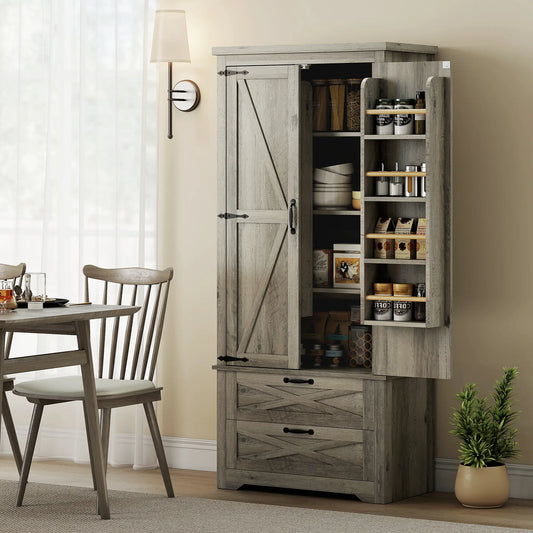 Farmhouse Kitchen Pantry Cabinet, 64" Freestanding with Drawers, Distressed Grey, Grey Kitchen Pantry Cabinets Distressed Grey at Gallery Canada