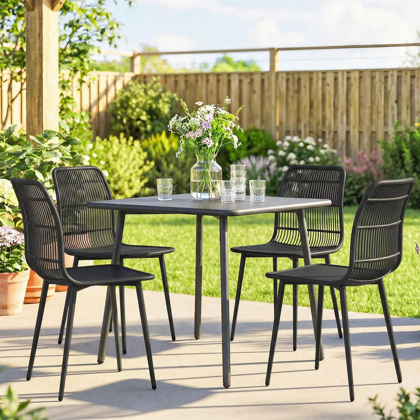 Outdoor Dining Chairs Set of 4, Slotted Backrest, Black Patio Chairs at Gallery Canada