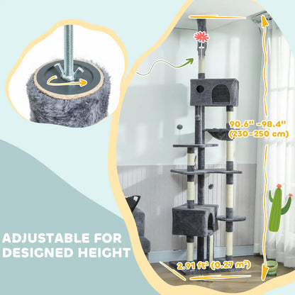 Floor To Ceiling Cat Tree, 230-250cm, 2 Condos, Hammock, Sisal Posts, Dark Grey