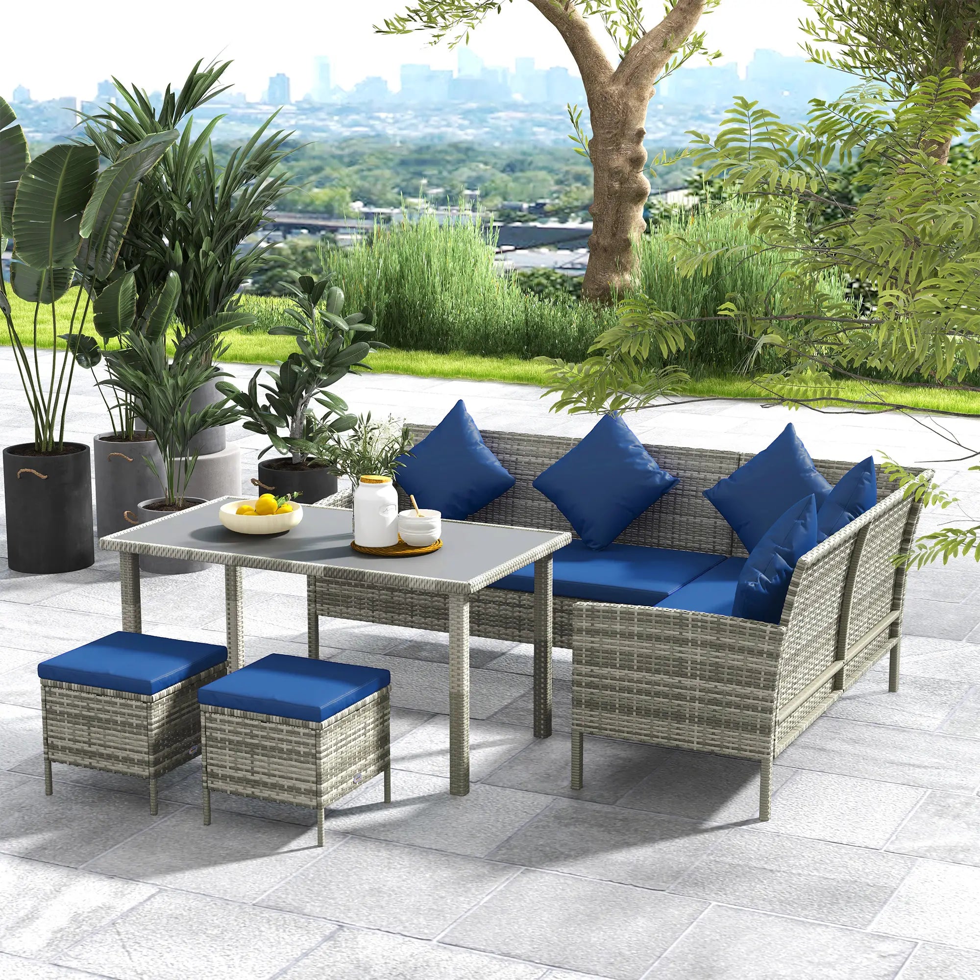 5 Piece Wicker Patio Set w/ Cushions, Table & Ottomans, Navy Patio Furniture Sets at Gallery Canada