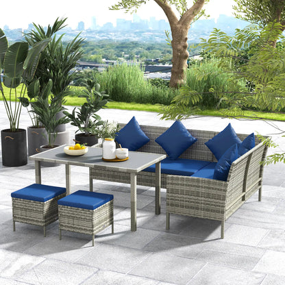 5 Piece Wicker Patio Set w/ Cushions, Table & Ottomans, Navy Patio Furniture Sets at Gallery Canada