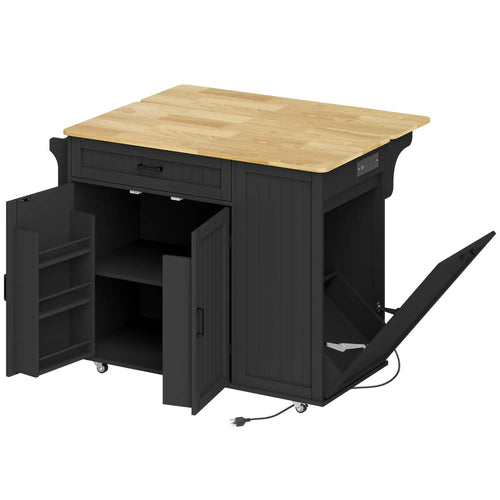 Kitchen Island Cart, Portable Table with Charging Station, Rubber Wood Drop Leaf, Trash Storage, Black