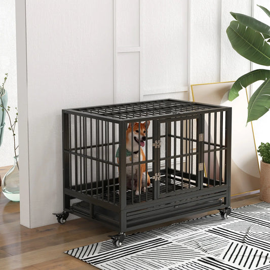 36" Heavy Duty Steel Dog Crate, Kennel with Wheels, Grey Houses, Kennels & Pens Black at Gallery Canada
