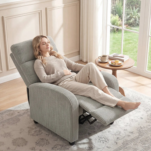Corduroy Push Back Recliner Chair with Padded Seat, Grey