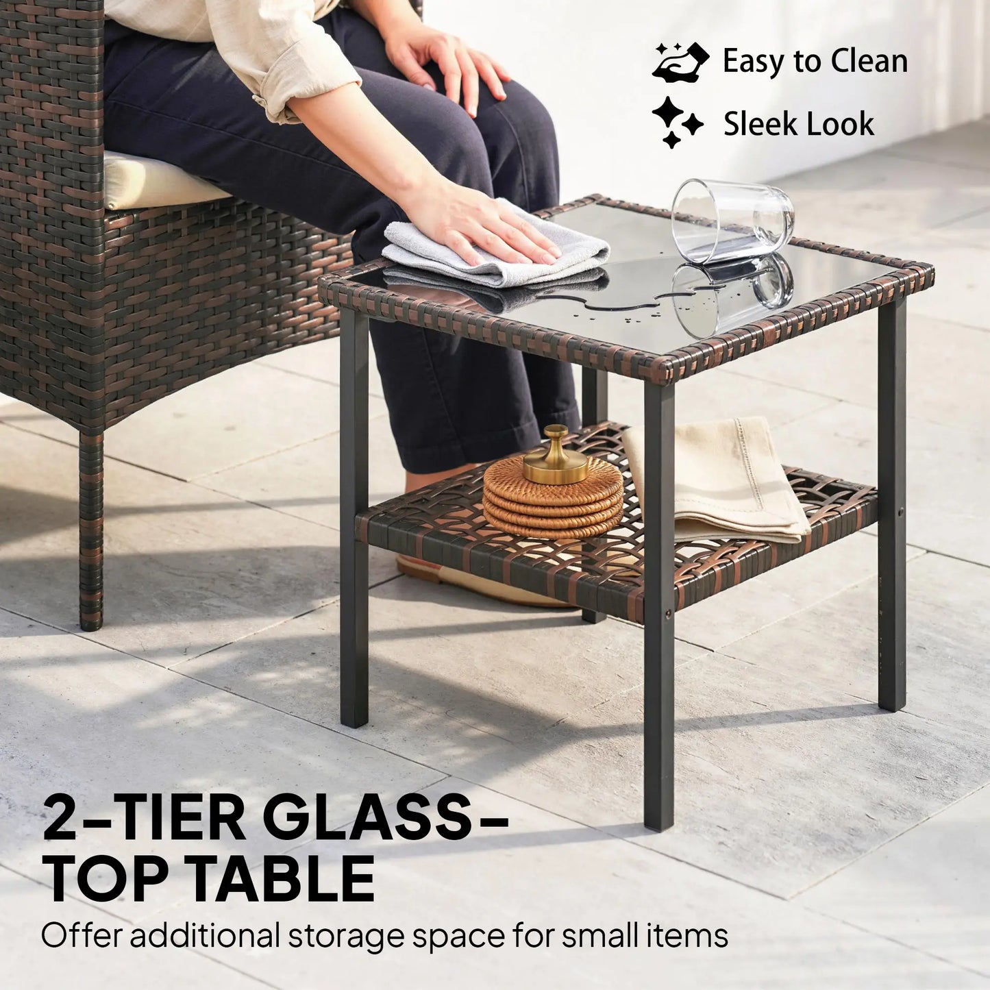3 Piece Wicker Bistro Set, 2-Tier Glass Top Table, Khaki Bistro Sets at Gallery Canada