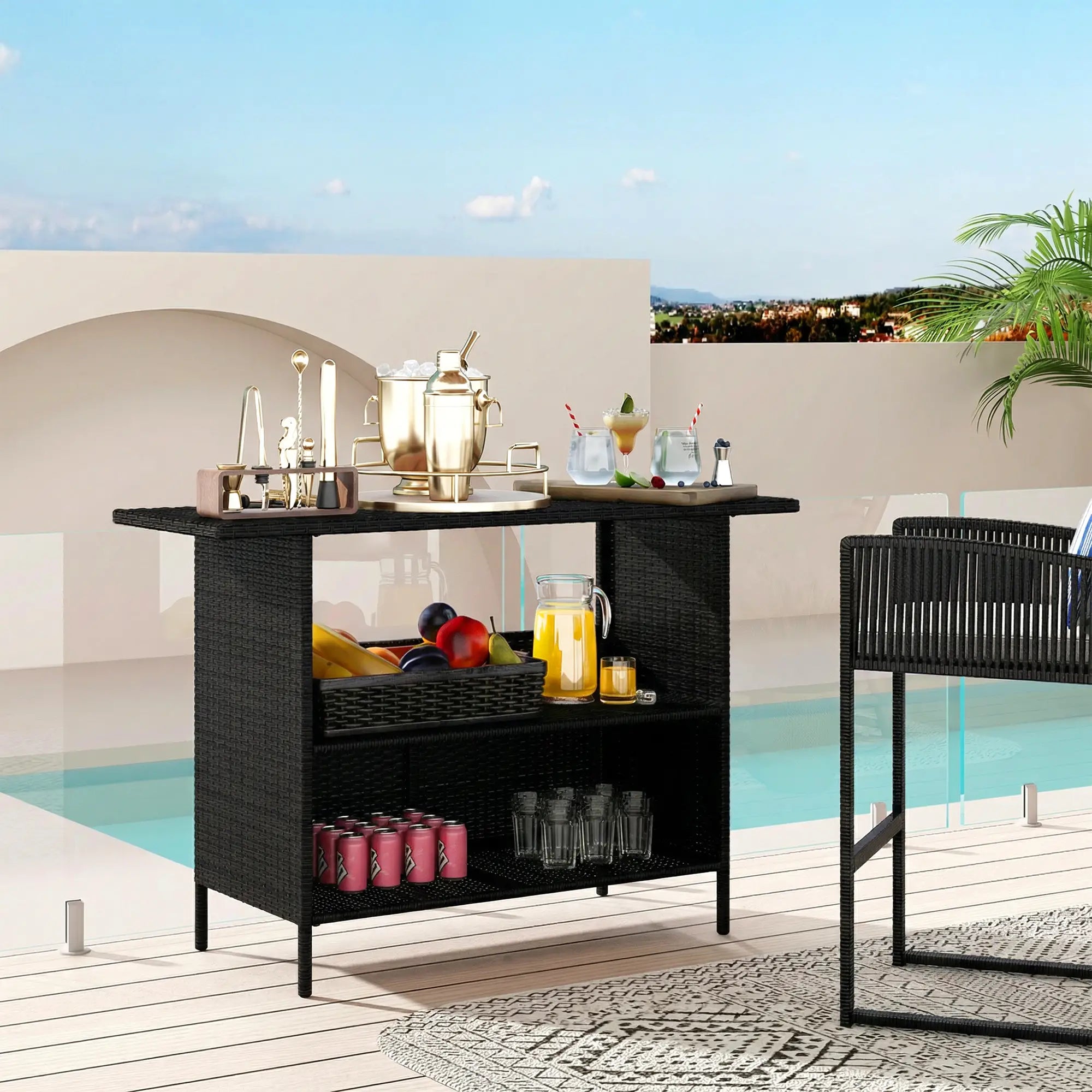 PE Rattan Outdoor Bar Table, 2 Shelves, Black Patio Side Tables at Gallery Canada