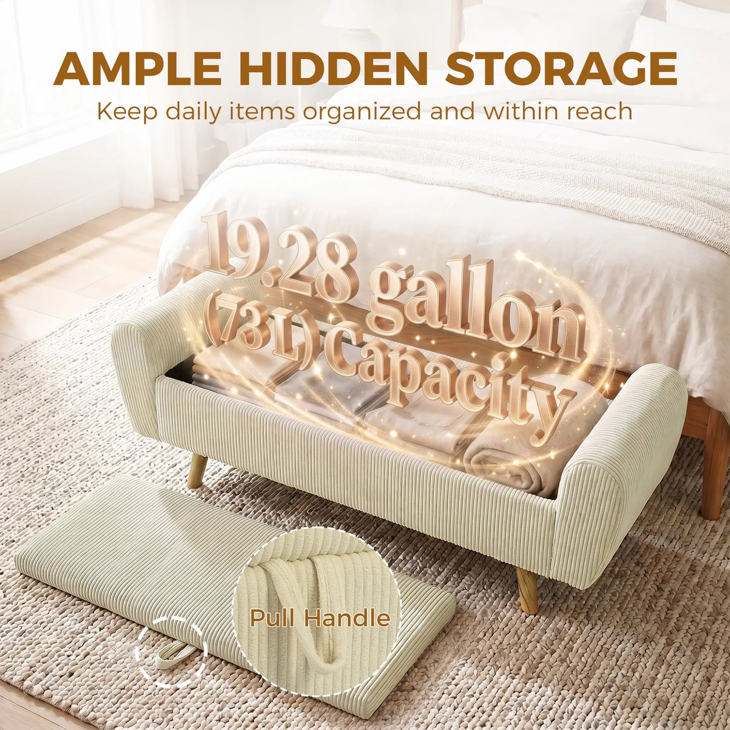 Corduroy Storage Ottoman Bench, 59", Beige