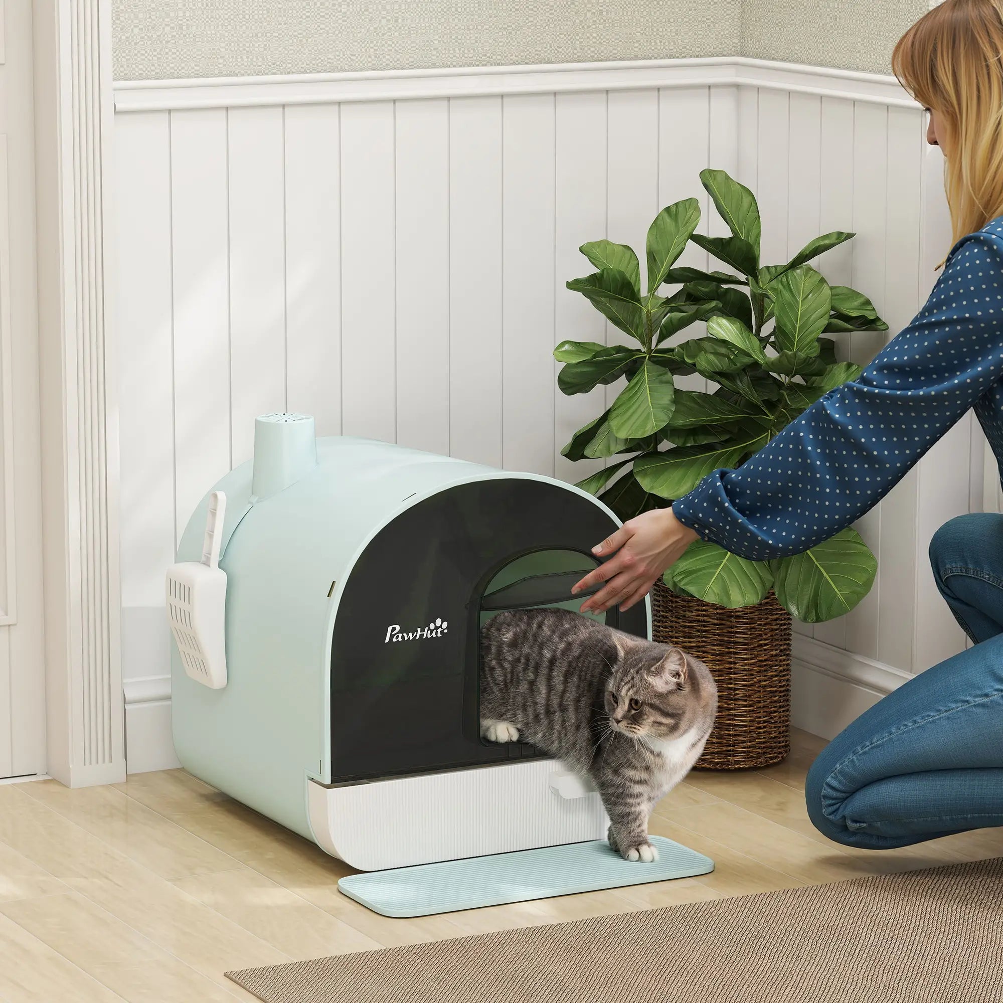 Cat Litter Box with Lid, Removable Tray, Scoop, Filter, Green Cat Litter Box Enclosures at Gallery Canada