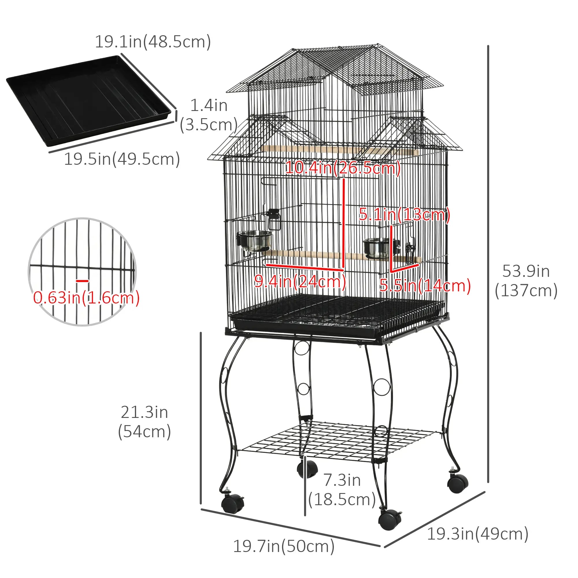 53.9'' Large Rolling Bird Cage, Detachable Stand, Storage Shelf, Black Bird Cages at Gallery Canada