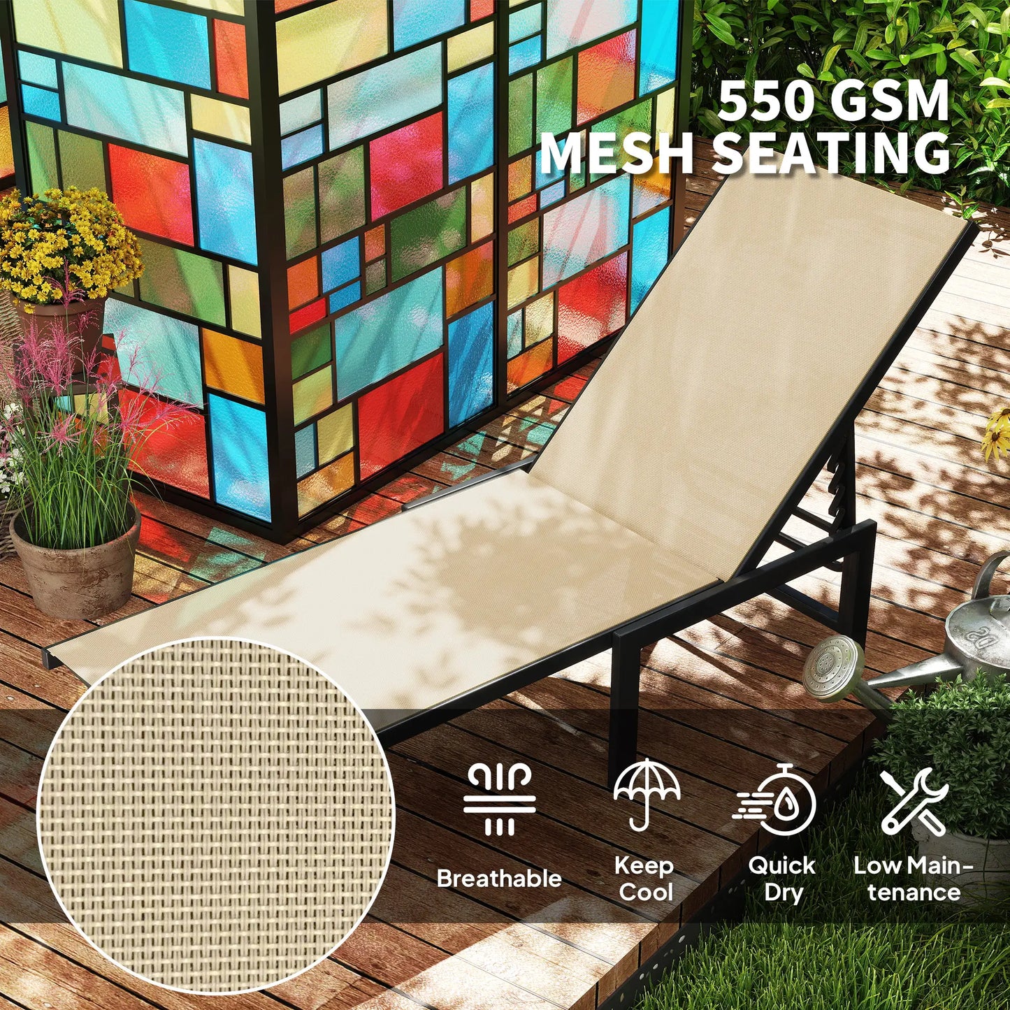 Outdoor Lounge Chair Set, 5-Position Reclining Chaise With Mesh Seat, Khaki Lounger Chairs at Gallery Canada