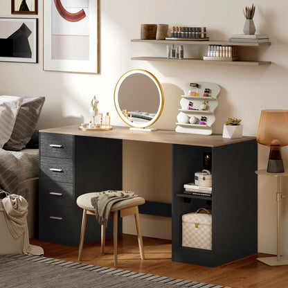 55 Inch Office Desk, Black Wood Grain, 4 Reversible Drawers, Mobile PC Stand, Black Computer Desks at Gallery Canada