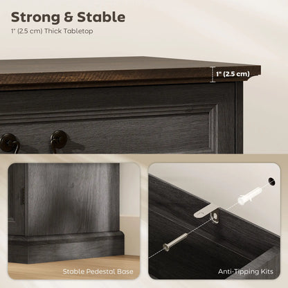 55" Buffet Cabinet, Black Wood Grain, Charging Station, 2 Drawers, Black