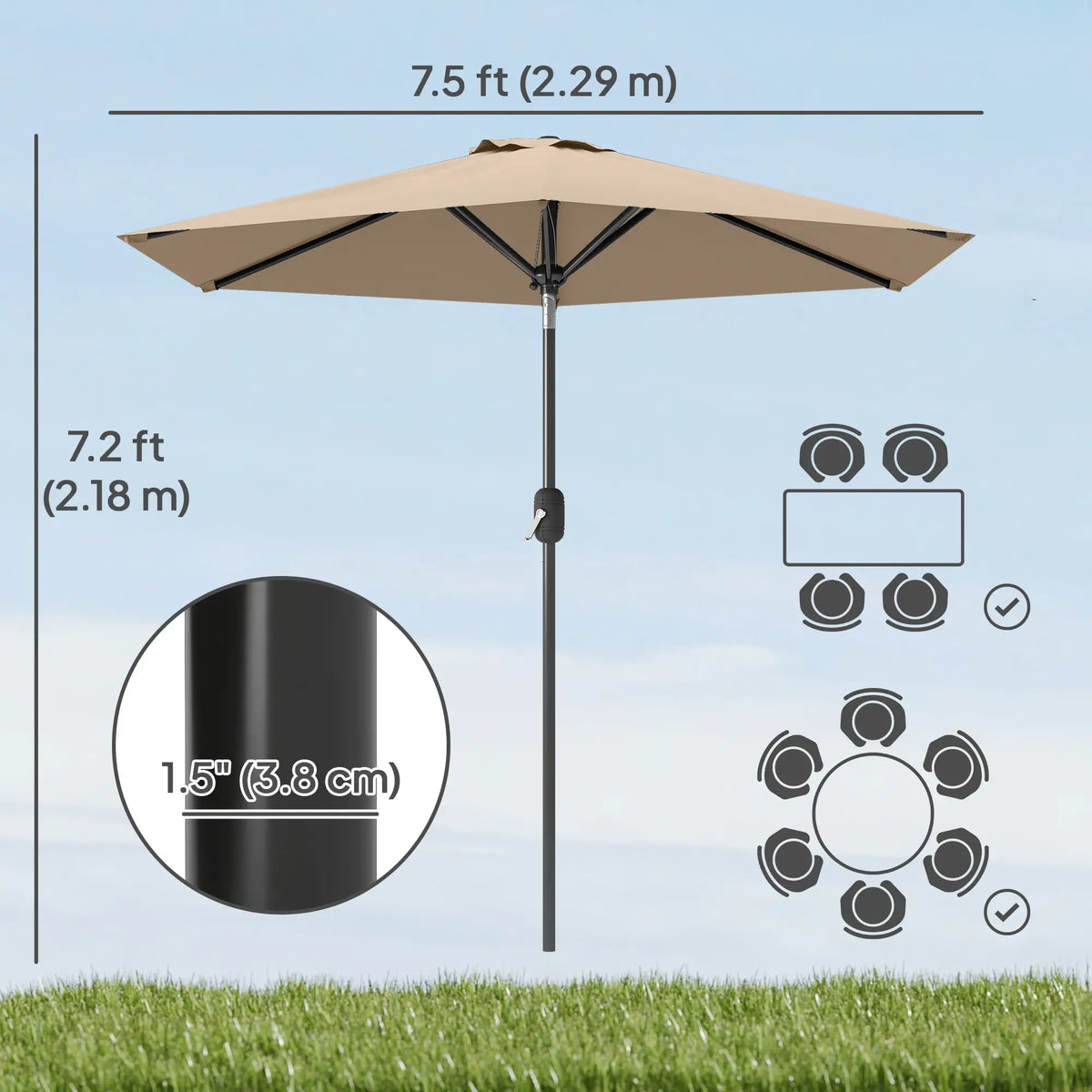 Patio Sun Umbrella, Outdoor Parasol, 6 Ribs, Coffee