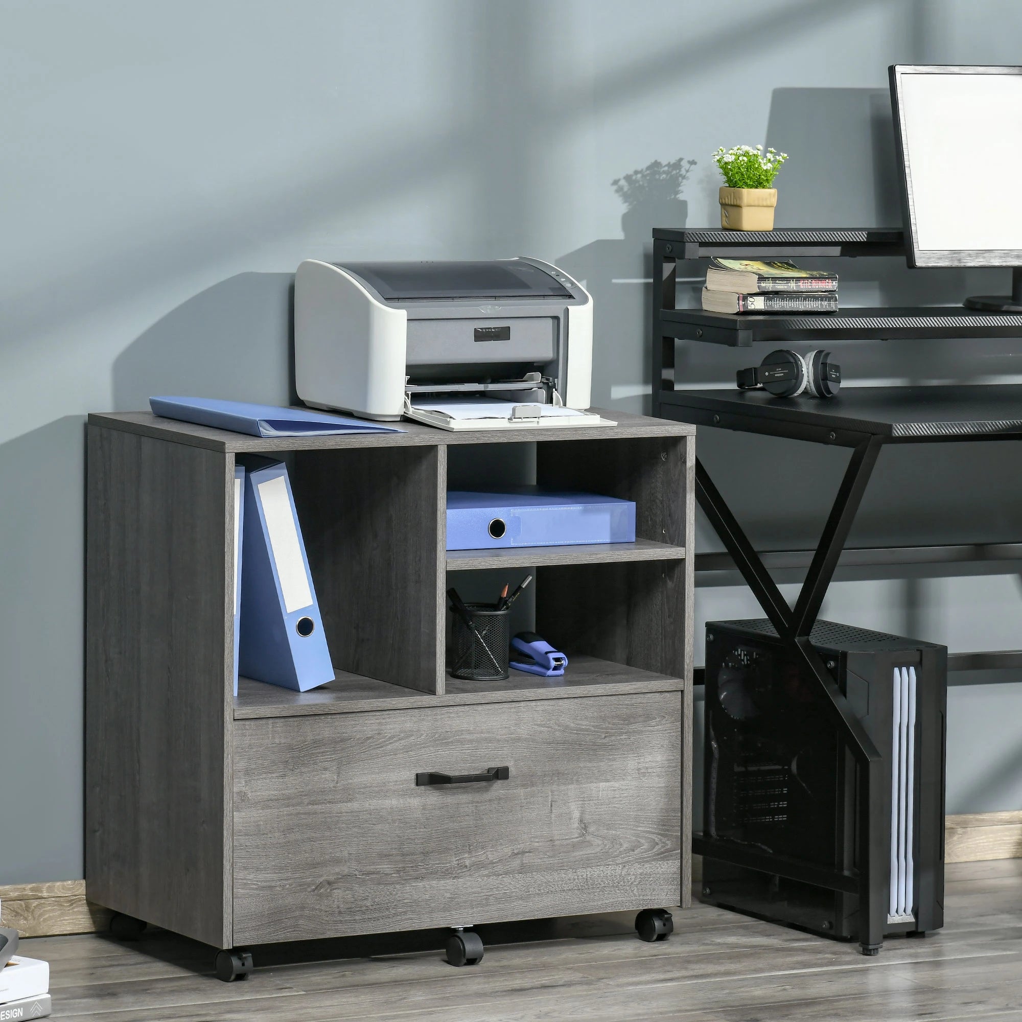 Lateral Filing Cabinet, Open Shelf, Mobile with Wheels, Letter Legal Size, Grey Office Cabinets & Cupboards at Gallery Canada