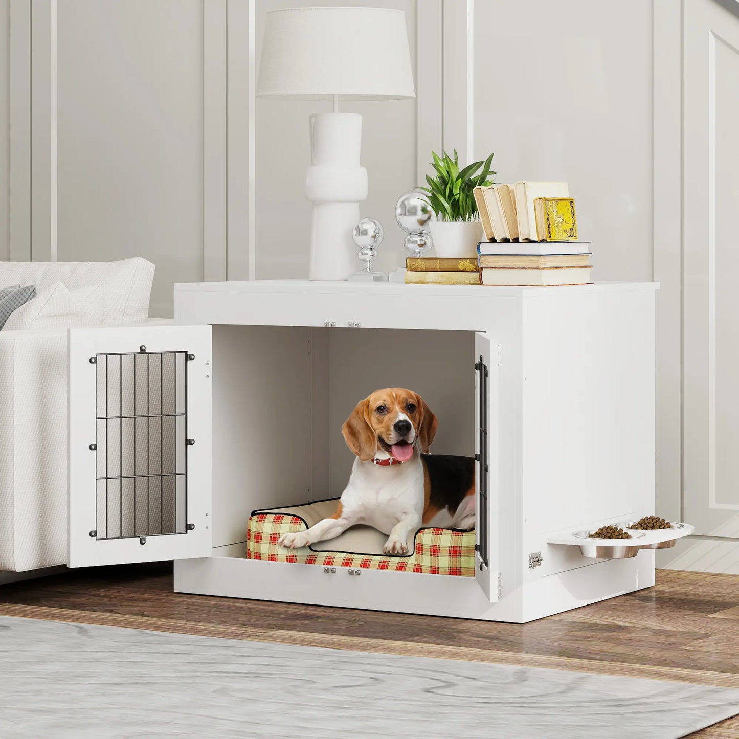 Dog Crate Furniture, 360° Rotatable Bowls, Two Doors, Medium Dogs, 31.5" x 24" x 25", White Houses, Kennels & Pens at Gallery Canada